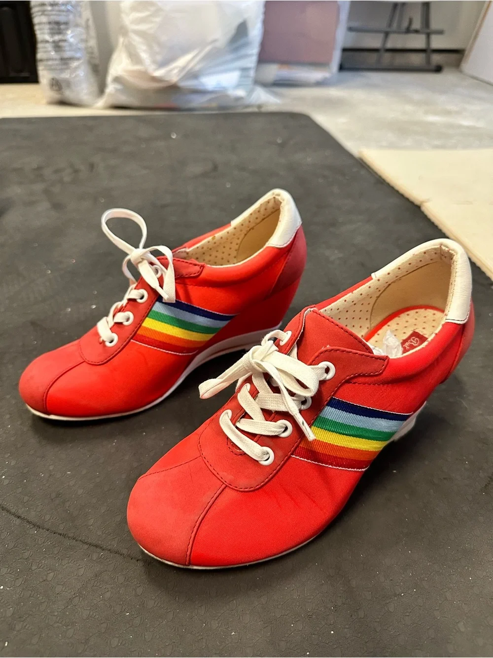 B.A.I.T. Women's Red Wedge Sneaker with Rainbow Stripe